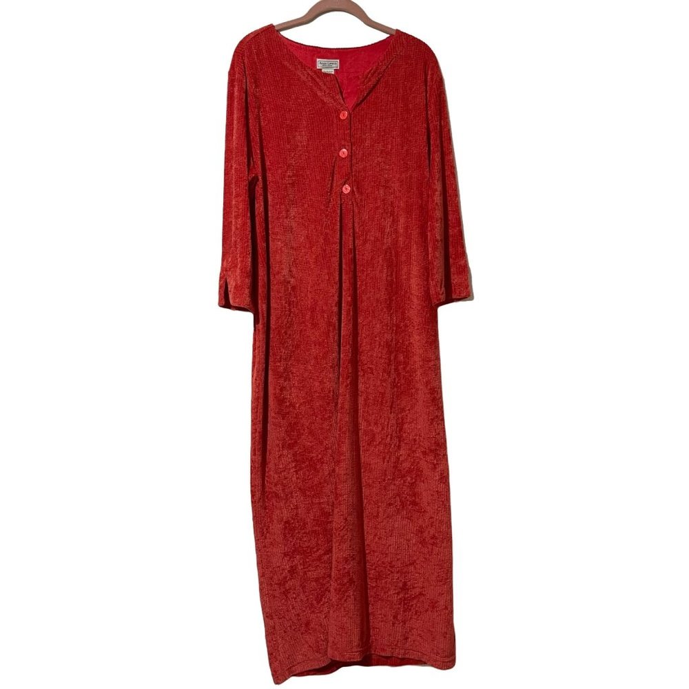 Anne Lewin women's sz L red patterned velour style 3/4 sleeve lounger/robe FLAW